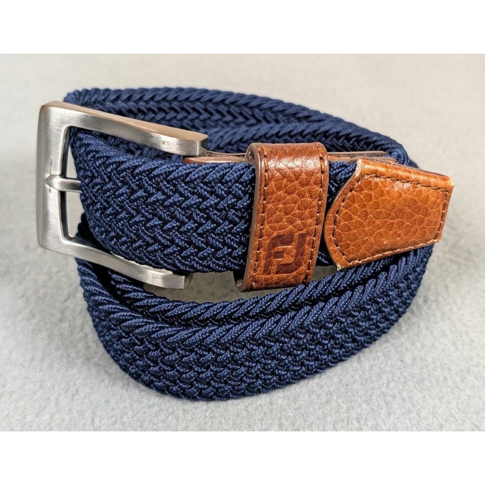 Footjoy Belt Mens M Blue Braided Nylon With Tan Leather Trim Preppy Golf